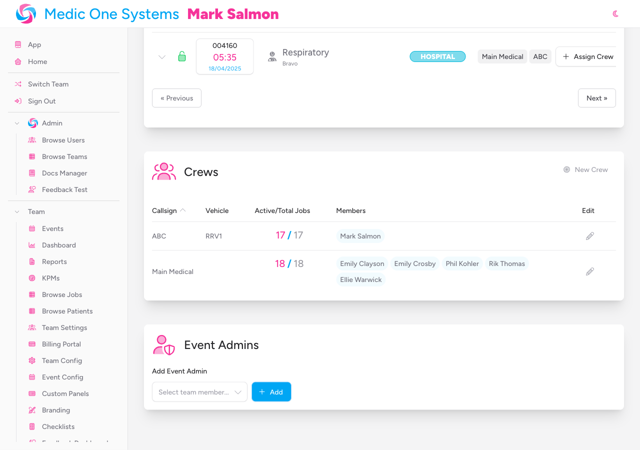 Screenshot: The Event Admins section showing existing event admins as removable pill badges, with the searchable member select and Add button below