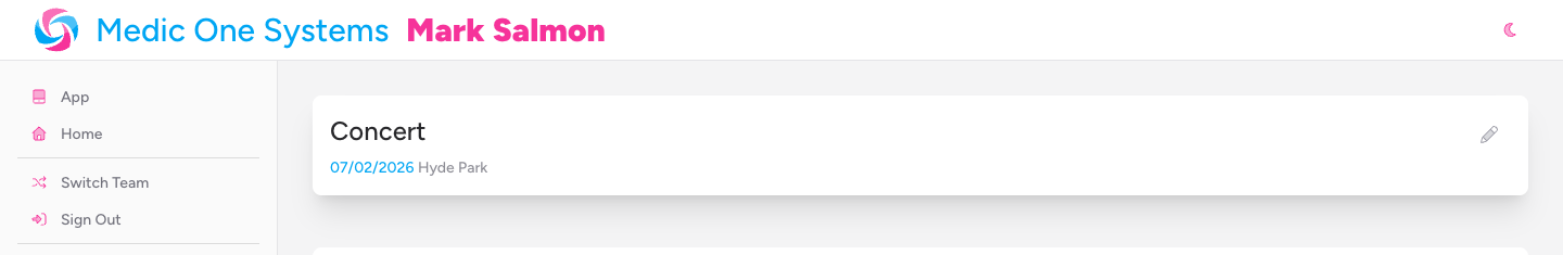 Screenshot: The event header showing the event title, date, and venue in read-only mode with a pencil icon to the right of the title