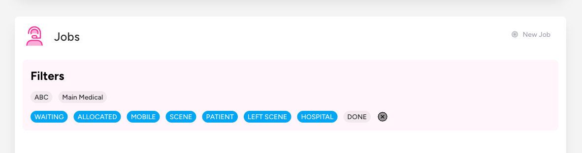 Screenshot: The crew and status filter bars showing checkbox pill buttons for each crew callsign and each job status, with the Clear button at the end of each row