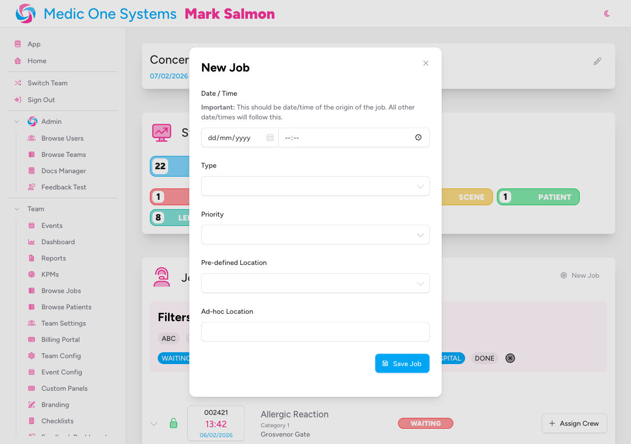 Screenshot: The New Job modal showing the Date/Time picker, Type dropdown, Priority dropdown, and the Location selector, with the Save button at the bottom right