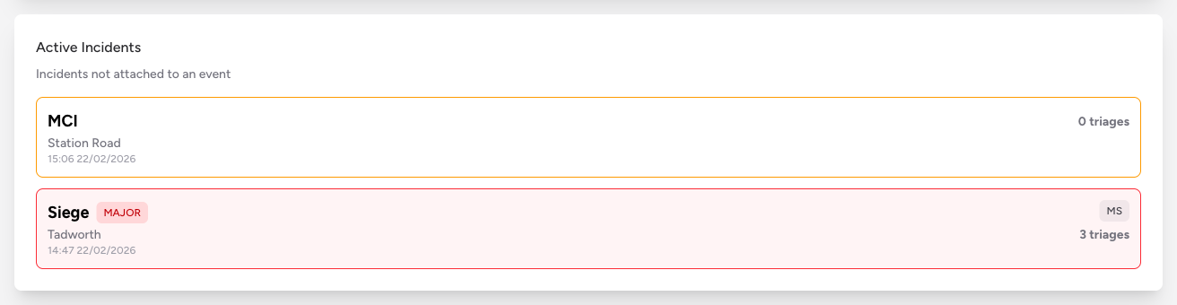Screenshot: The Active Incidents panel showing two incident cards — one standard amber-bordered and one red-bordered major incident — each with type, location, time, crew badges, and triage count
