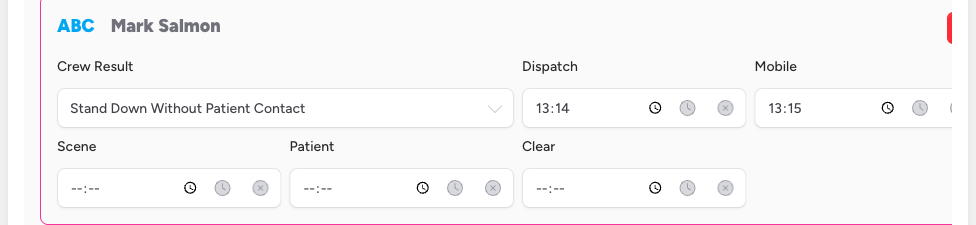 Screenshot: An expanded crew card showing the callsign and crew member names at the top, the Crew Result dropdown, and the five time fields arranged in a grid below