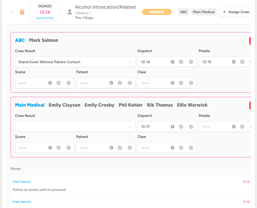 Screenshot: A job row expanded, with the chevron pointing downward and the detail panel open beneath, showing a crew card and the Notes section