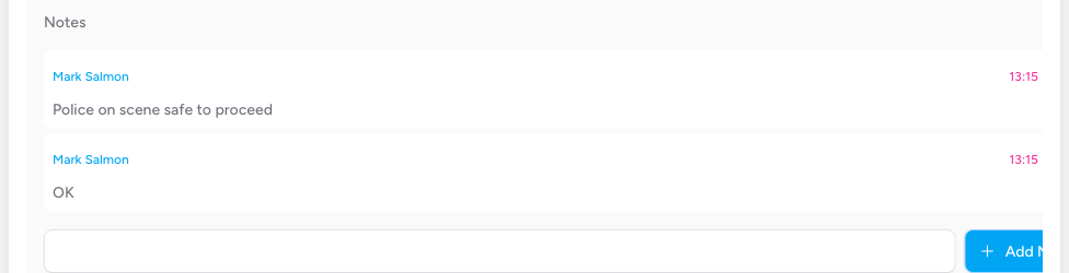 Screenshot: The Notes section showing one existing note with author name and timestamp, and the text input field with the Add Note button below it