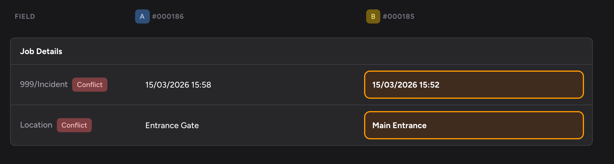Screenshot: Two conflict rows in the Job Details section. In the first row, the Job A value is selected (highlighted with a blue ring and blue background). In the second row, neither value is selected yet - both buttons appear in their default state