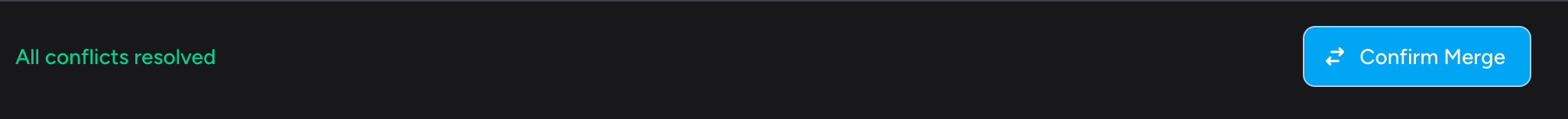 Screenshot: The sticky footer at the bottom of the page showing "All conflicts resolved" in green text on the left, and the active "Confirm Merge" button with the merge arrows icon on the right