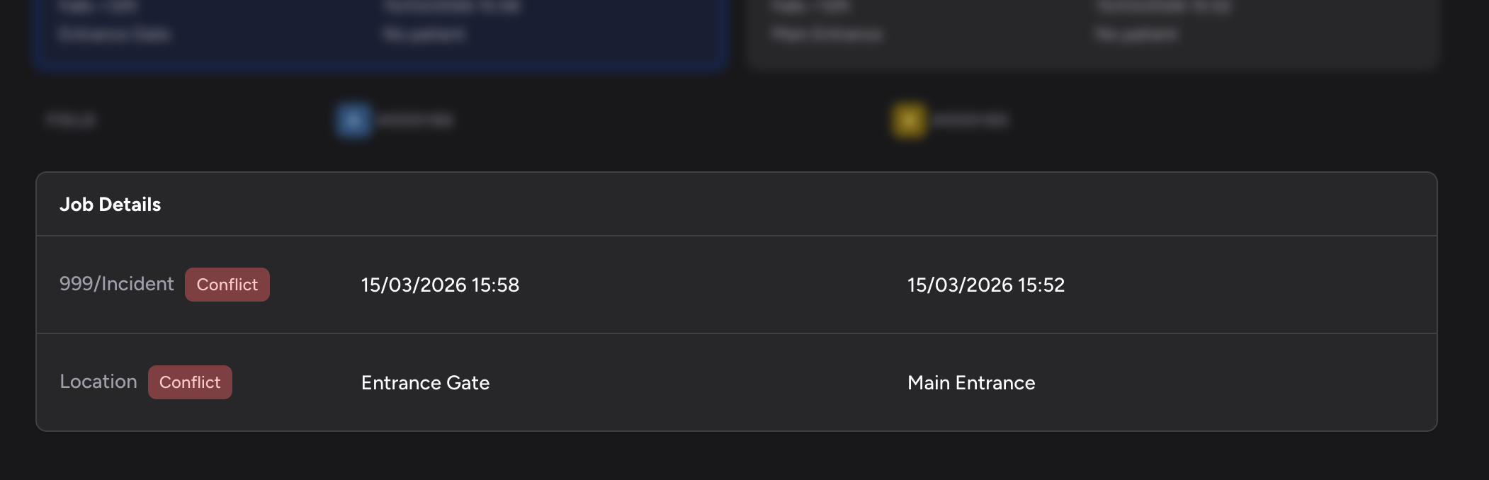 Screenshot: The Job Details section showing a three-column comparison layout. The first column shows the field name with a red "Conflict" badge; the second and third columns show the values from Job A and Job B respectively, as clickable buttons