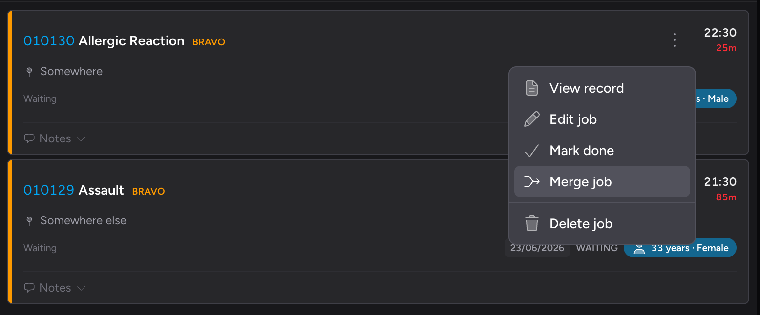 Screenshot: A job card in the Event Control Room job feed with the ⋯ actions dropdown open, showing the "Merge job" menu item highlighted