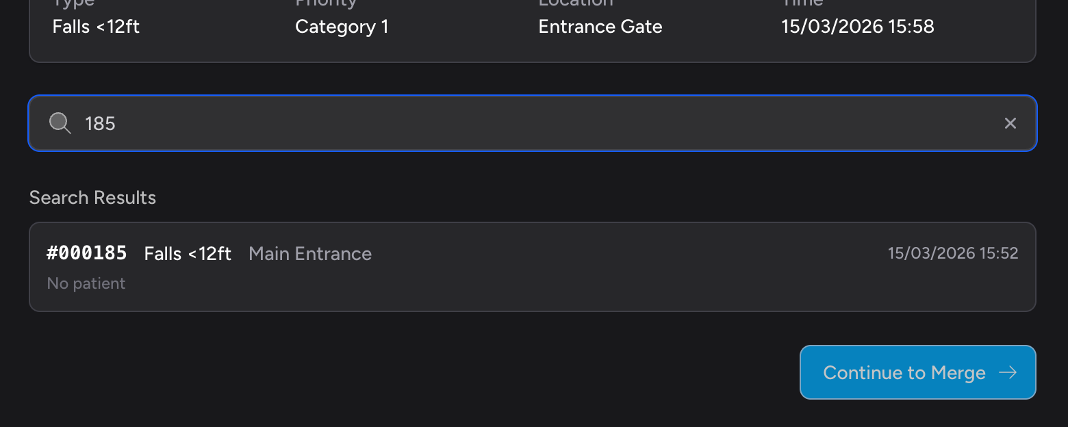 Screenshot: The search field on the Merge Job selector page with "Search for second job..." placeholder text and a magnifying glass icon, with search results appearing in a list below