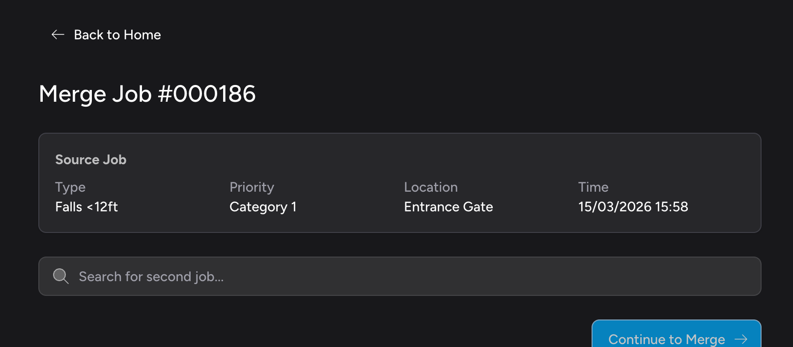 Screenshot: The Merge Job selector page showing the page heading "Merge Job #000042", the Source Job card with Type, Priority, Location, Time fields, and patient name below