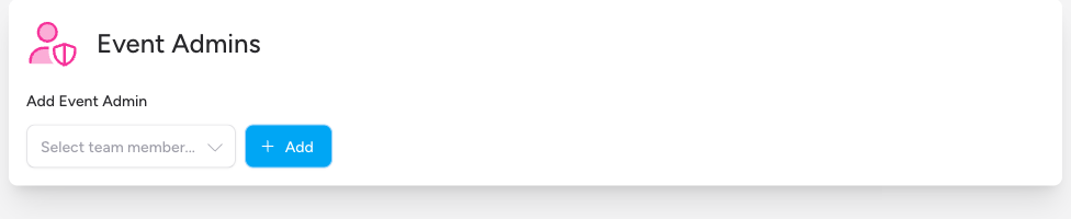 Screenshot: The bottom of an event detail page, showing the Event Admins section with a shield icon and the heading "Event Admins".