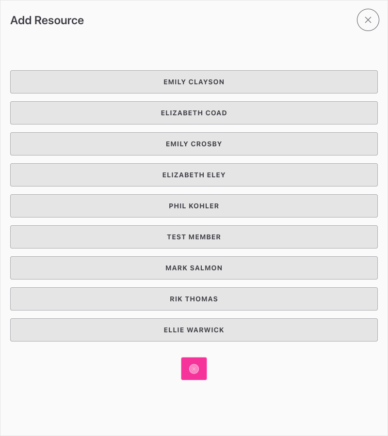 Screenshot: The Add Resource drawer showing crew cards at the top and individual team member buttons below
