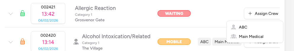 Screenshot: The Assign Crew dropdown open on a job row, showing a list of crew callsigns