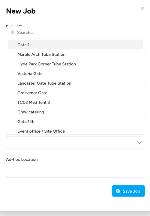 Screenshot: The "Pre-defined Location" dropdown expanded, showing venue locations with sector labels and location names