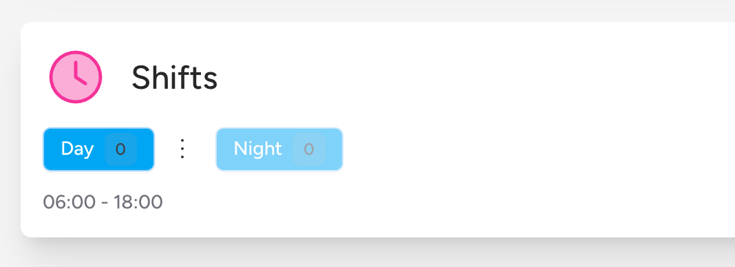 Screenshot: The Shifts tab bar on the event detail page, with one shift tab selected (highlighted in primary colour) and the ellipsis menu button visible to the right of the shift name