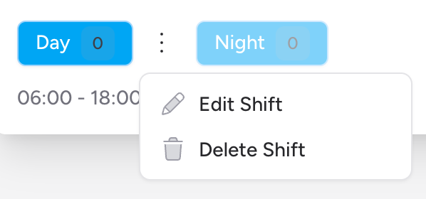 Screenshot: The shift actions dropdown menu open, showing two items - "Edit Shift" with a pencil icon, and "Delete Shift" with a trash icon in red