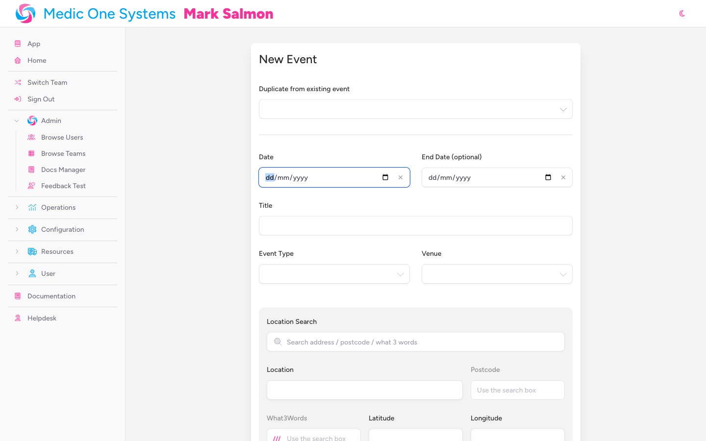 Screenshot: The Date field in the New Event form with a date picker open.