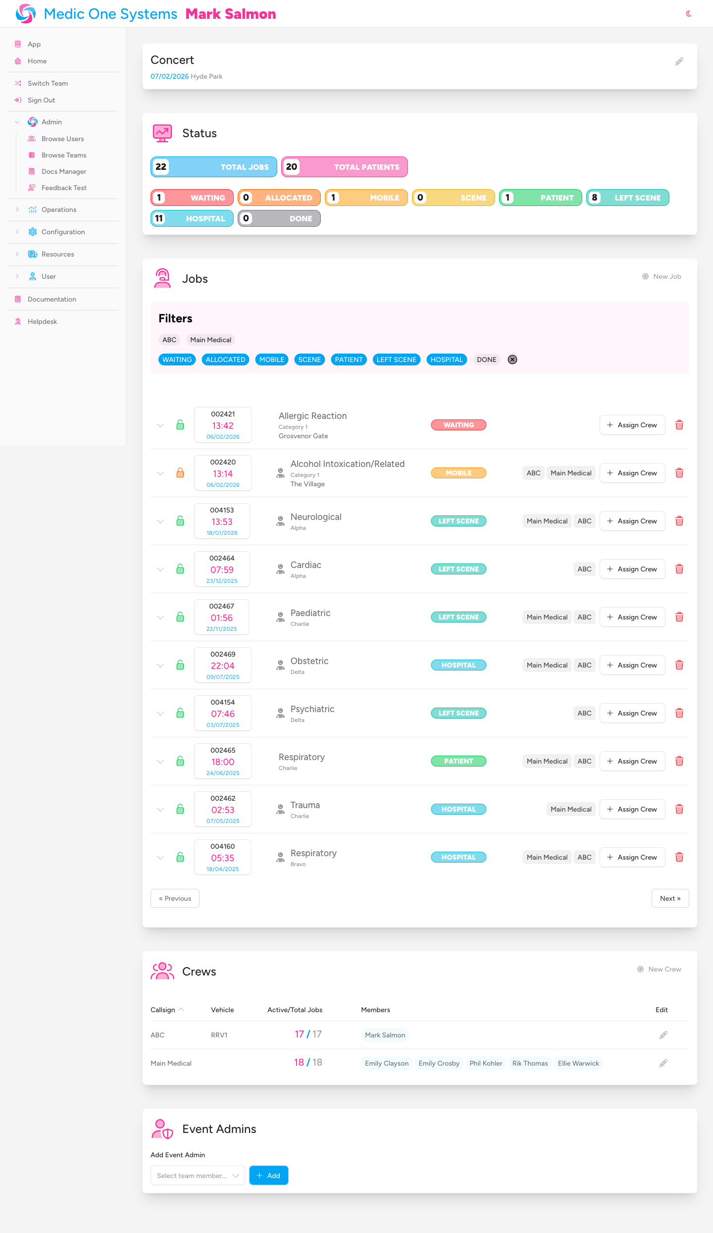 Screenshot: The Event detail page showing the event title, date, and location at the top, followed by the Status panel, Jobs panel with a "New Job" button, and the Crews panel with a "New Crew" button.