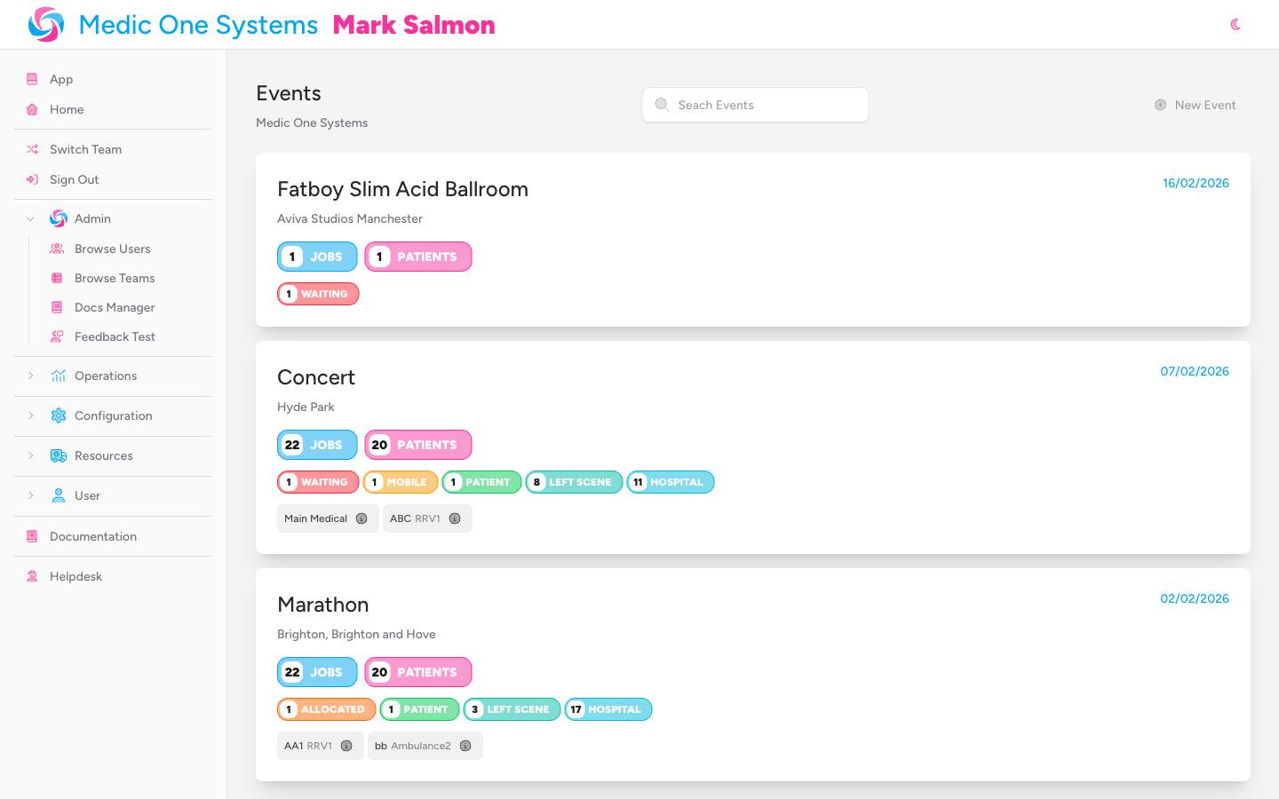 Screenshot: The Events index page showing a list of event cards, each displaying the event title, date, location, and job/patient counts. A "New Event" button appears in the top-right corner.