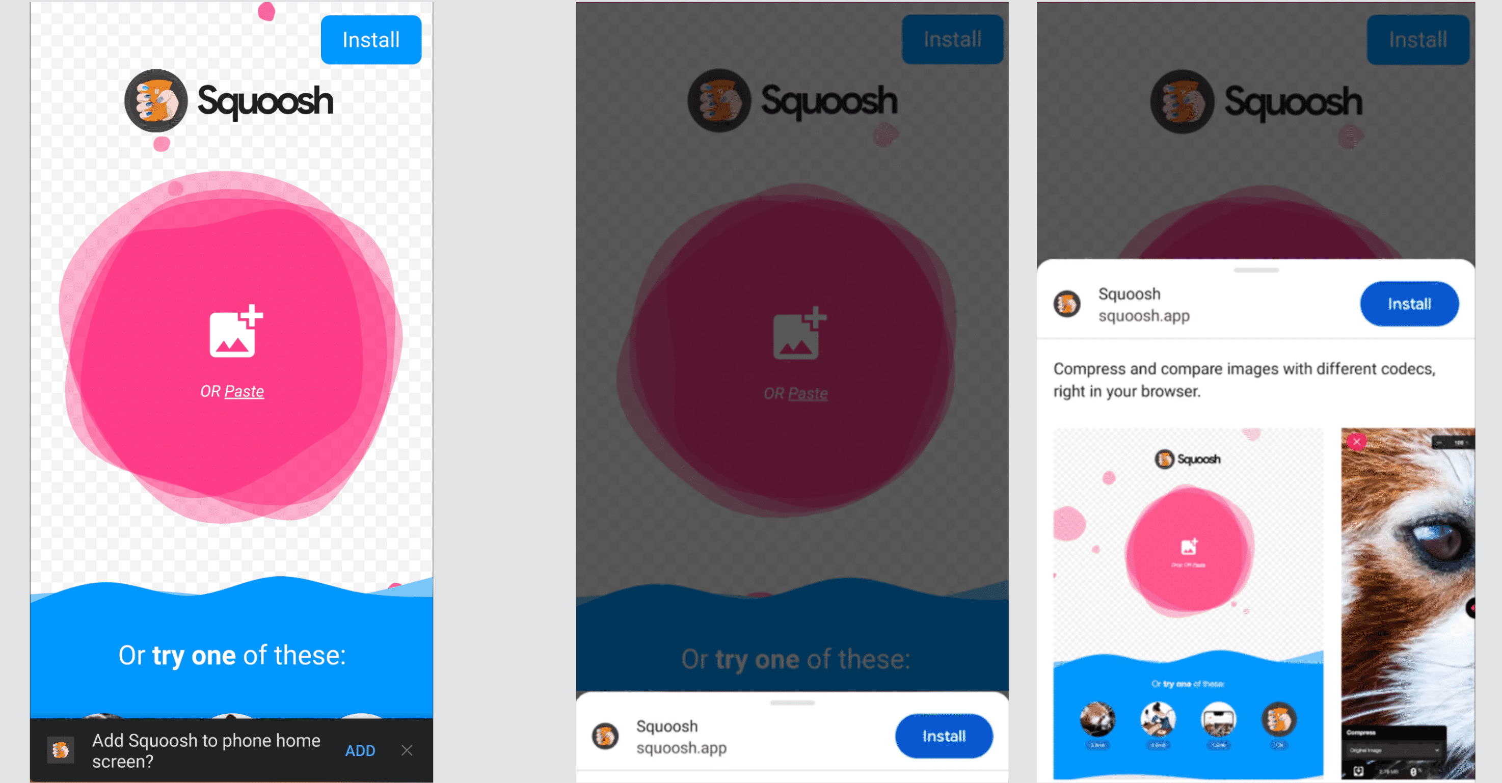 Screenshot: Three stages of the Android Chrome install flow — the mini-infobar at the bottom of the screen, the simple install prompt, and the richer install dialog