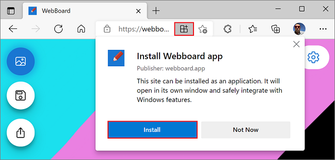 Screenshot: Edge's install flyout showing the app name, publisher, description, and an Install button with the install icon highlighted in the address bar