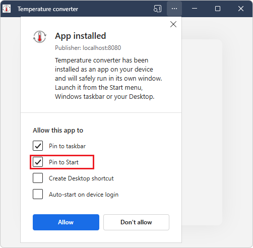 Screenshot: Edge's post-install dialog with options to Pin to taskbar, Pin to Start, Create Desktop shortcut, and Auto-start on device login