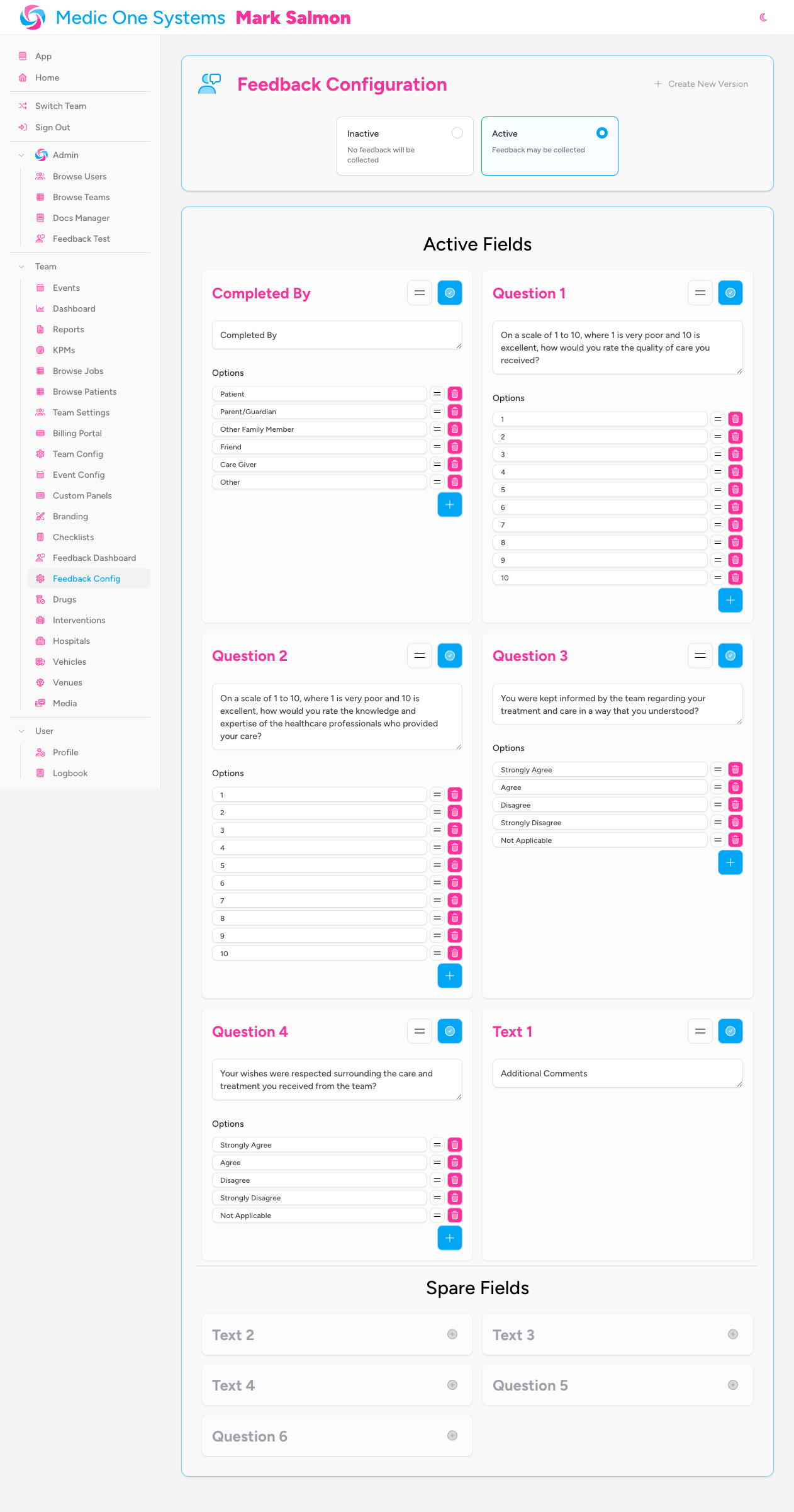 The Feedback Configuration page showing the Active/Inactive radio card toggle