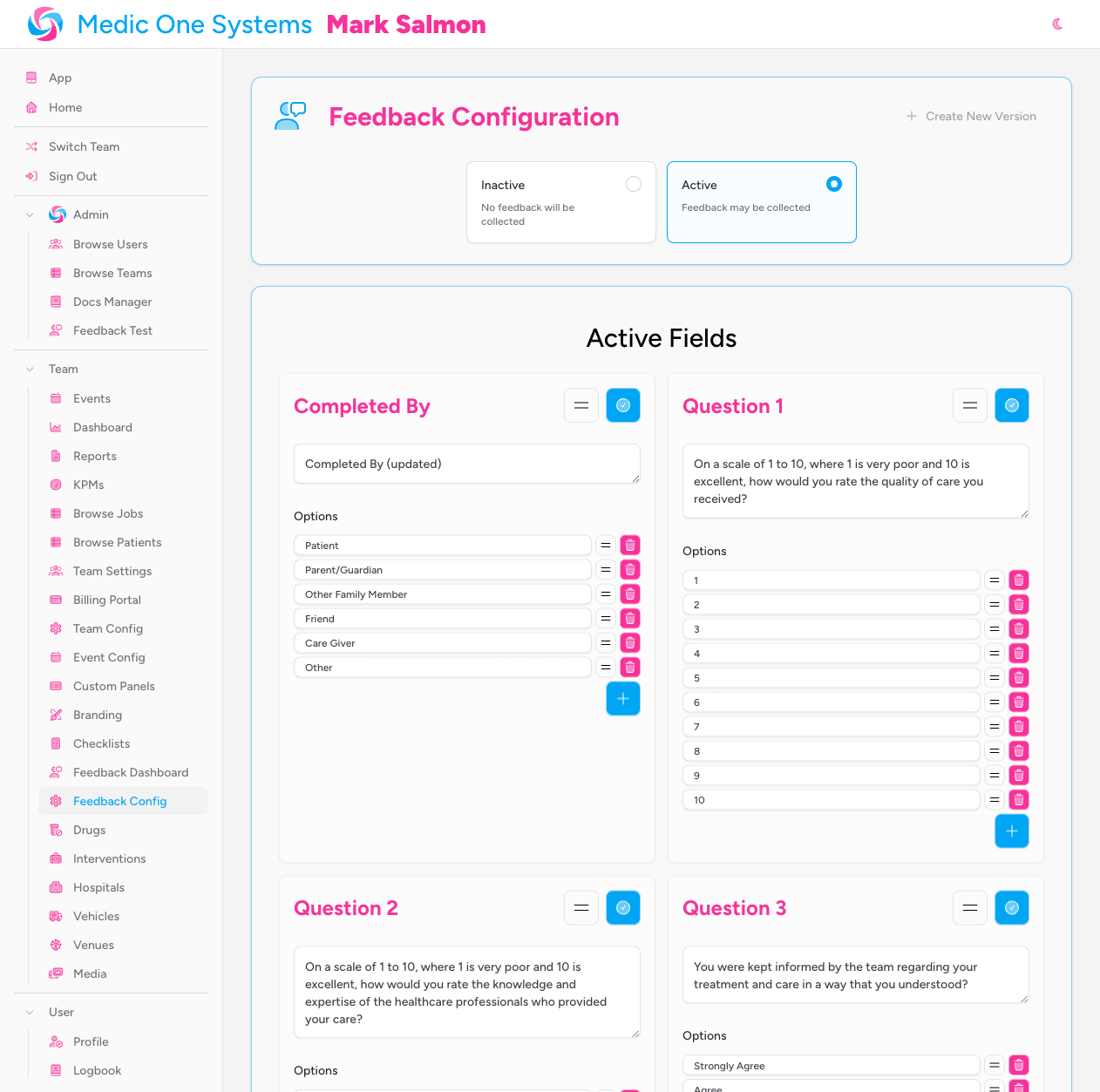 The full Feedback Configuration page in Active state, showing the Active Fields grid of question cards above the Spare Fields section