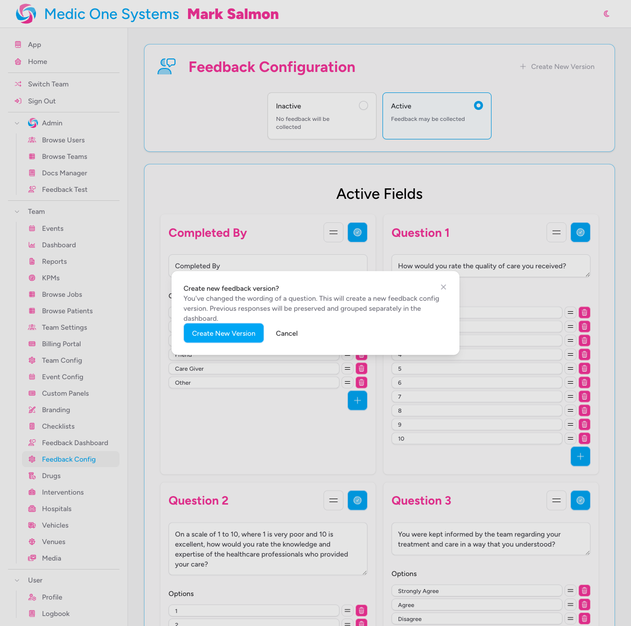 The Create new feedback version confirmation modal