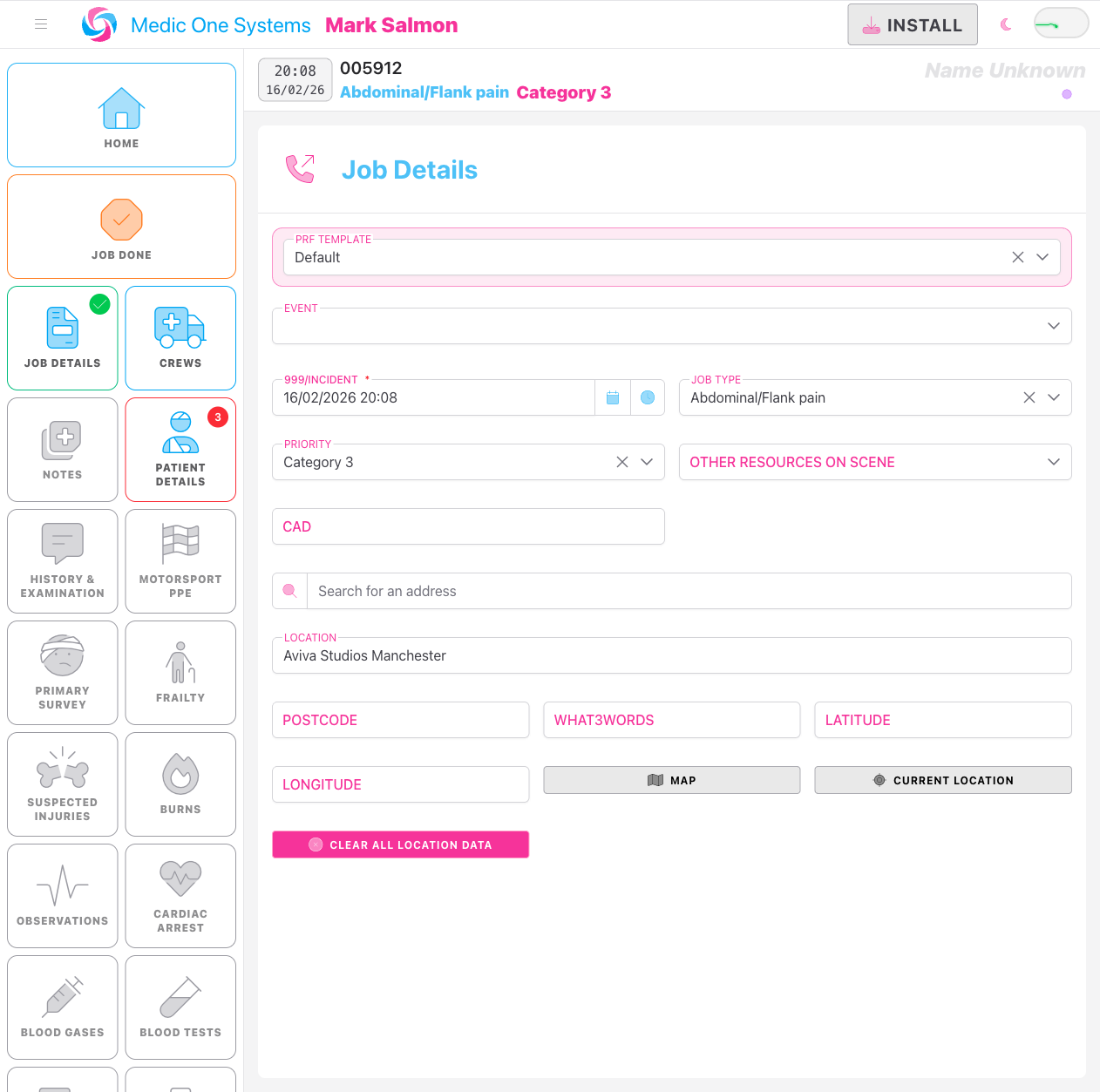 The job editor sidebar with Patient Details highlighted
