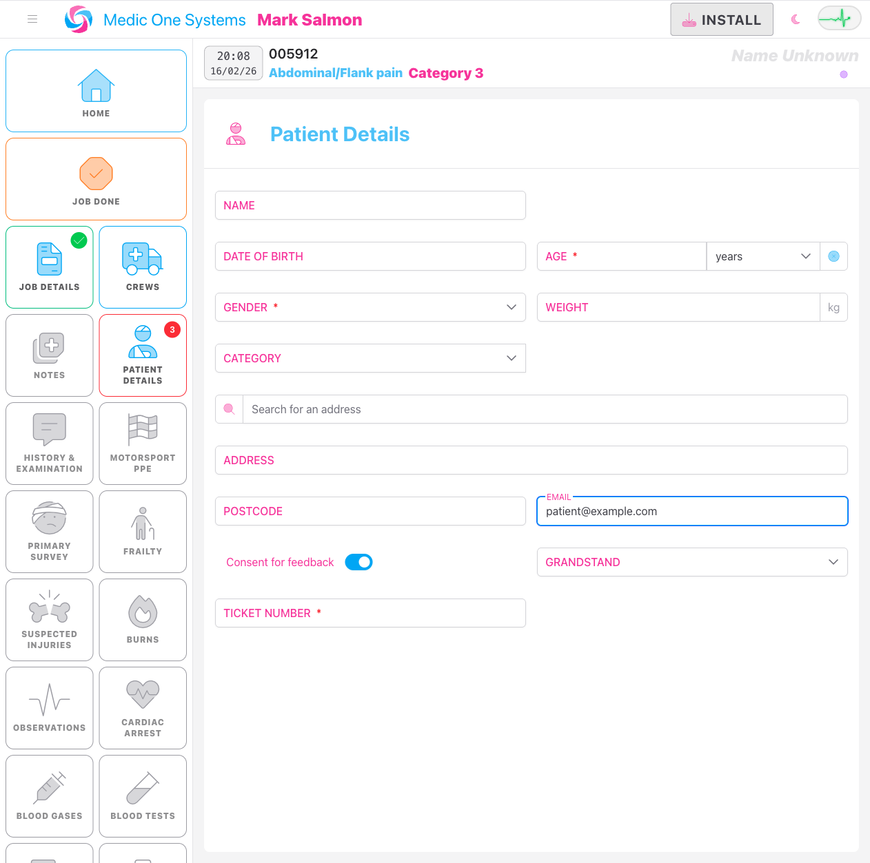 The Patient Details panel with the Email field