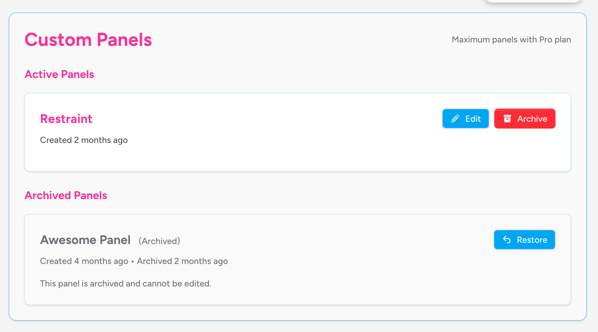 Screenshot: The Custom Panels page with the panel count shown in the header (e.g. "1 / 3 panels used"), active panel cards displayed in a grid, and the new panel creation fields in the top right