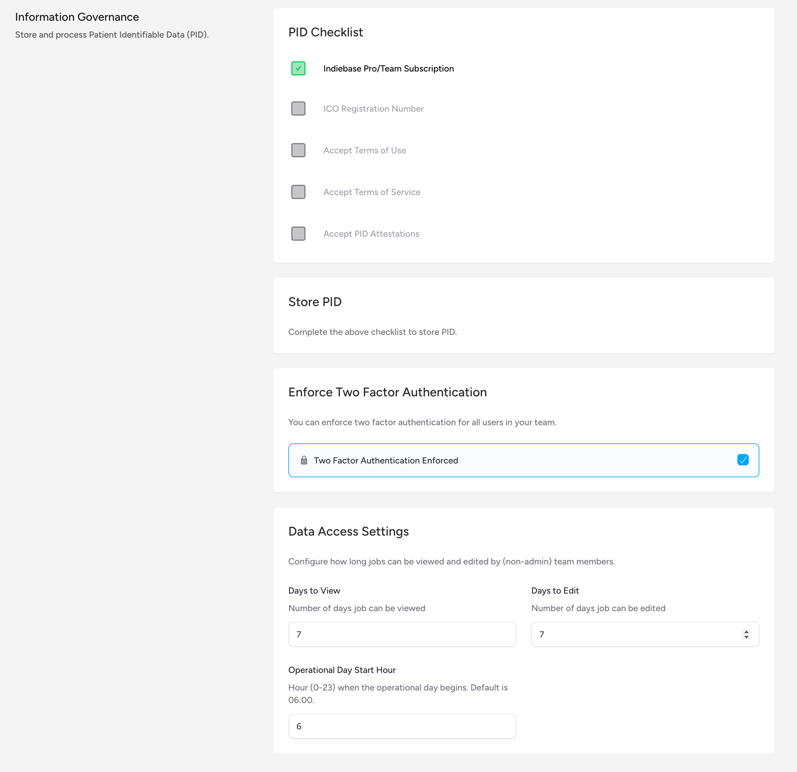 Screenshot: The Information Governance page in Team Settings, showing the PID Checklist section at the top, followed by the Store PID toggle, the Two Factor Authentication toggle, and the Data Access Settings panel with three numeric input fields