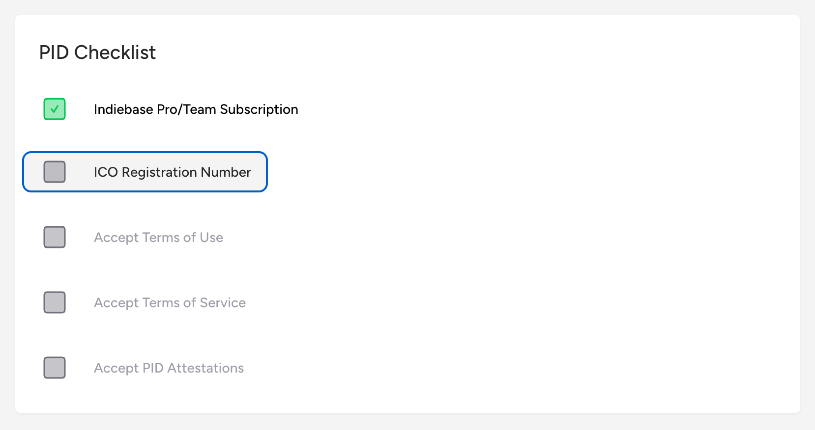 Screenshot: The PID Checklist showing two items with green ticks (subscription and ICO) and three items still showing as clickable buttons for Terms of Use, Terms of Service, and PID Attestations
