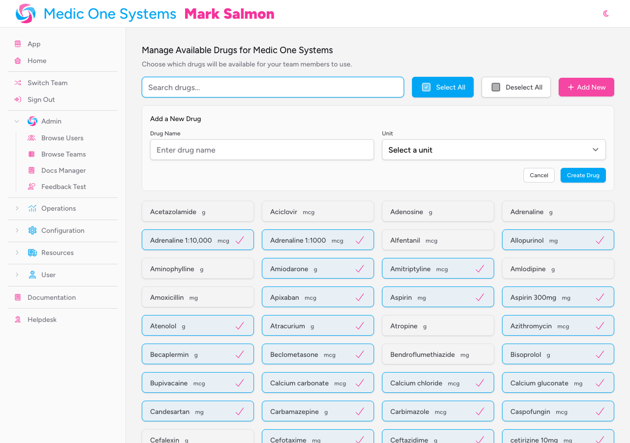 Screenshot: The Add a New Drug form expanded below the toolbar, showing the Drug Name and Unit fields side by side