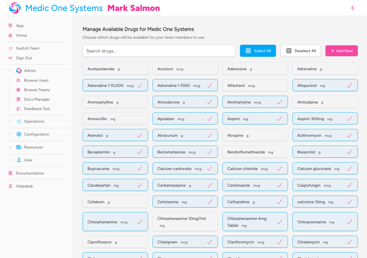 Screenshot: The Manage Available Drugs page showing a grid of drug cards, some highlighted with a tick indicating they are active for the team, with a search box and Select All / Deselect All buttons at the top