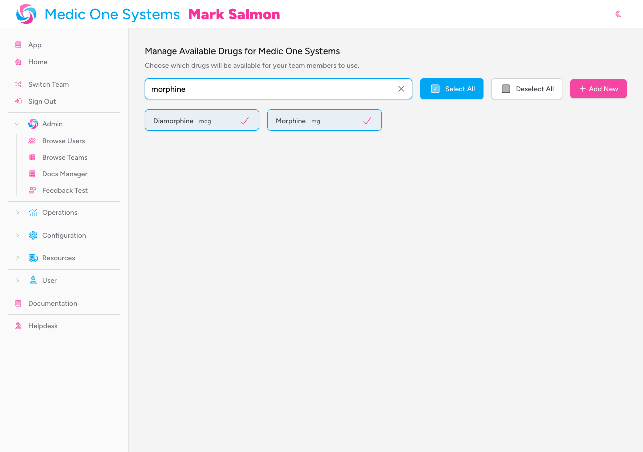 Screenshot: The search field with a drug name partially typed, showing filtered results in the grid below