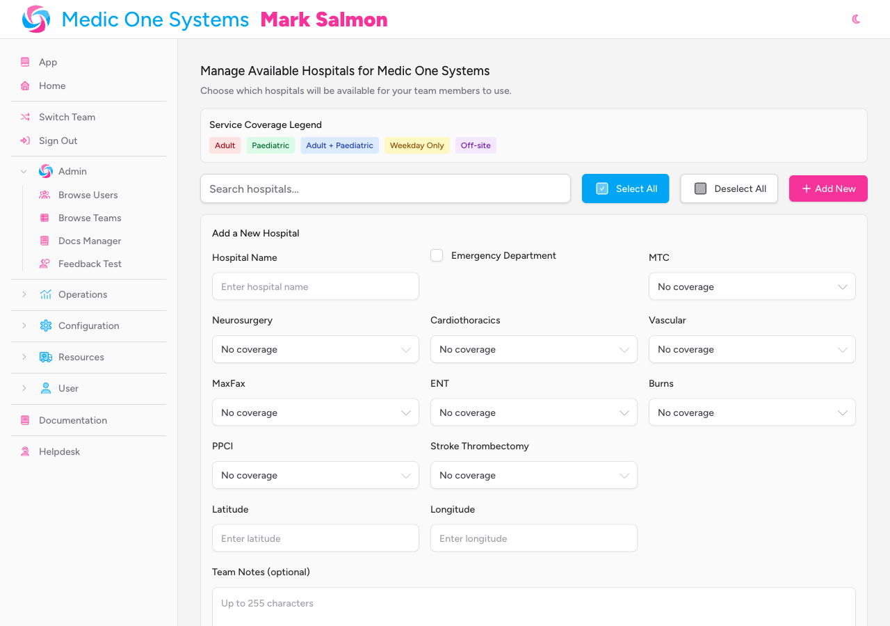 Screenshot: The Add a New Hospital form panel expanded below the toolbar, showing all fields including Hospital Name, Emergency Department checkbox, and the specialist service dropdowns