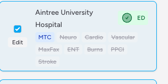 Screenshot: A selected hospital card showing the Edit button below the checkbox on the left side of the card