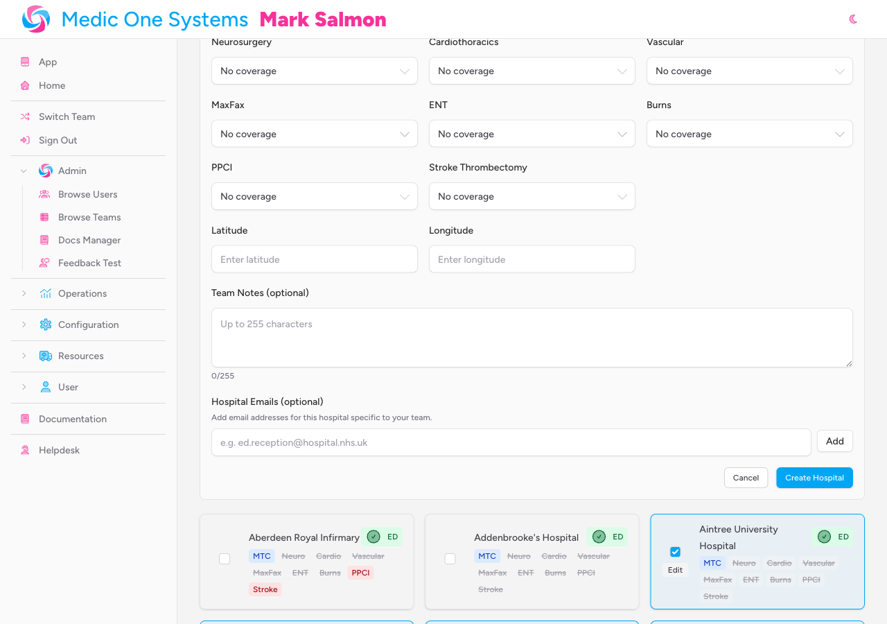 Screenshot: The Team Notes textarea and Hospital Emails section at the bottom of the Add New Hospital form, with an example email address shown as a tag