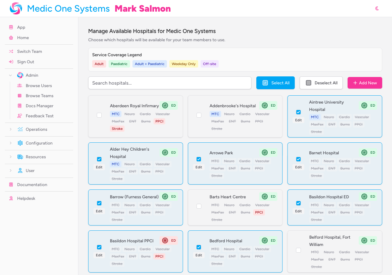 Screenshot: The Hospitals page showing the card grid, with some hospital cards highlighted as selected and others unselected, showing the ED badge and service capability badges on each card