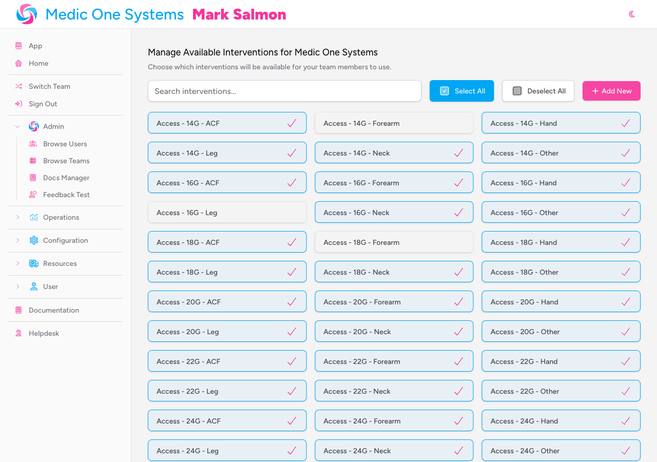 Screenshot: The Team Interventions page showing the search bar, Select All/Deselect All/Add New buttons, and the grid of intervention tiles with some highlighted in the team's primary colour