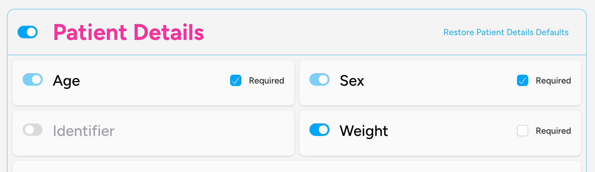 Screenshot: The top of a panel tab showing the visibility toggle switch on the left, the panel title, and the "Restore Defaults" button on the right