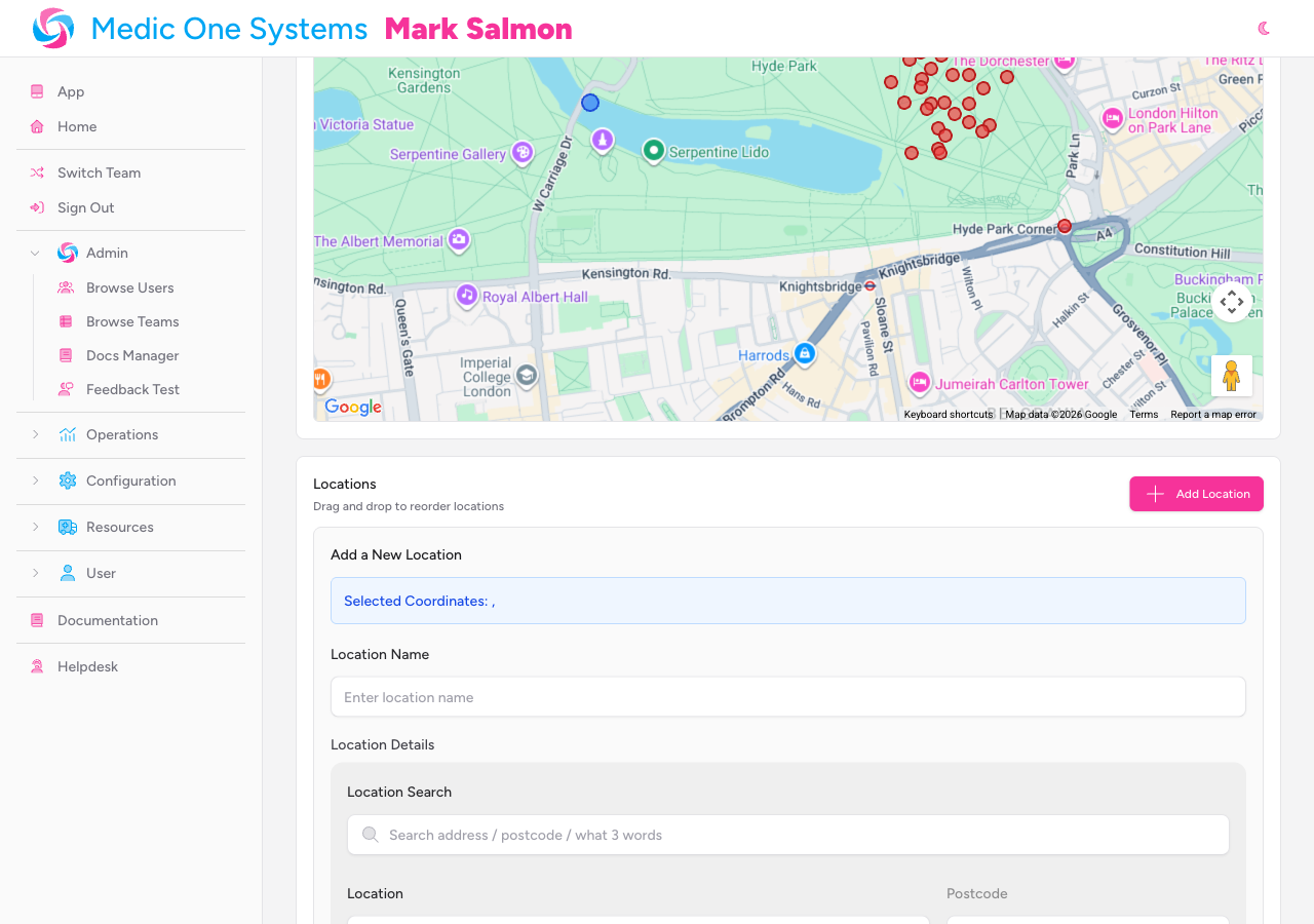 Screenshot: The "Add a New Location" form showing the "Selected Coordinates" readout, the "Location Name" field, the Location Details picker (with its own Location Search, Location, Postcode, What3Words, Latitude, and Longitude fields), and the Sector and Notes fields.
