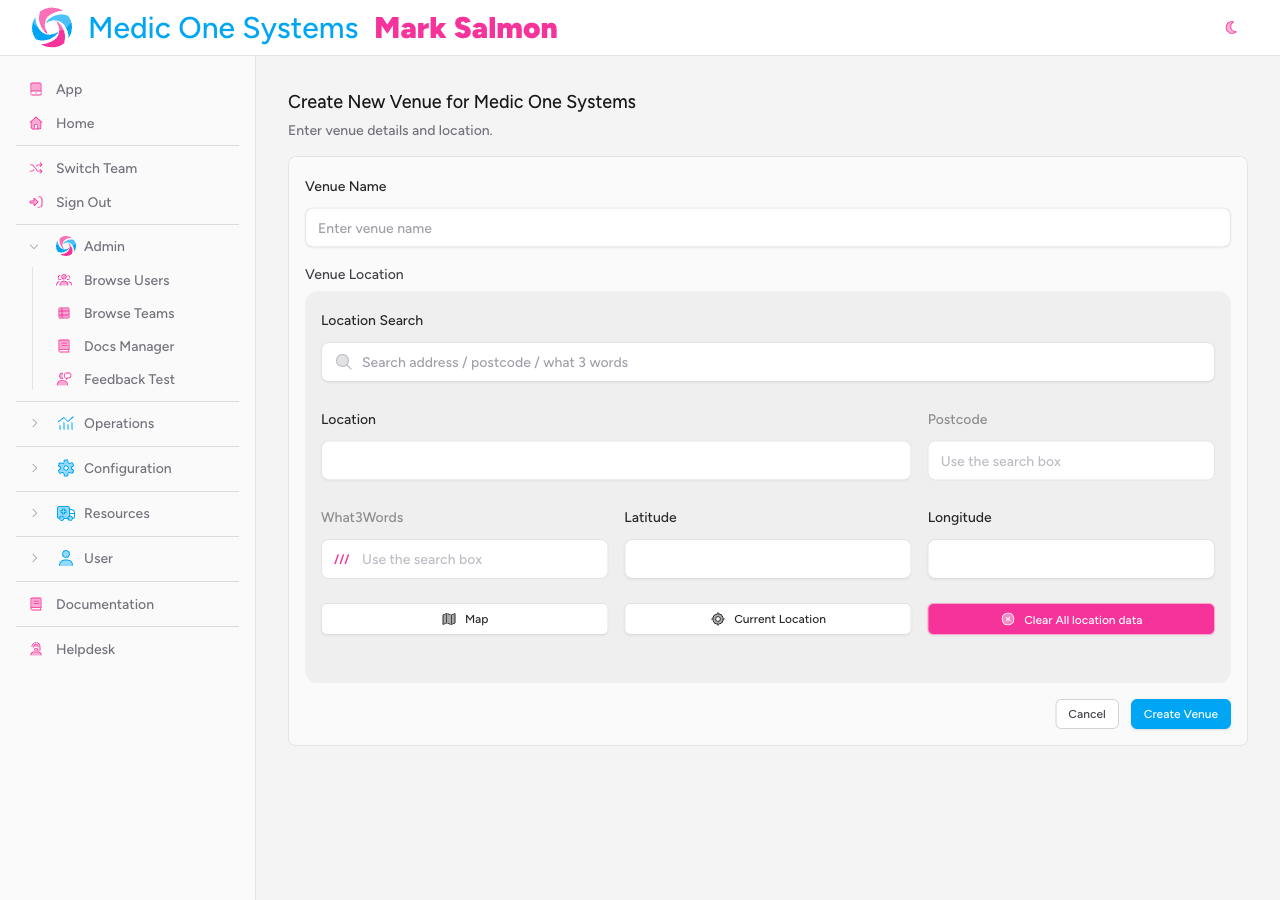 Screenshot: The Create New Venue form showing the "Venue Name" input field at the top of the form panel.