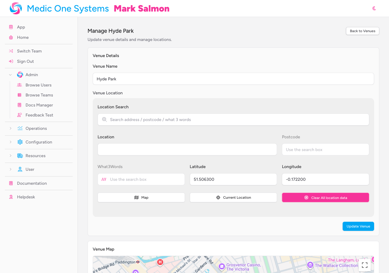 Screenshot: The Venue Details panel on the Manage Venue page showing the Venue Name field, the Venue Location picker, and the "Update Venue" button at the bottom-right of the panel.
