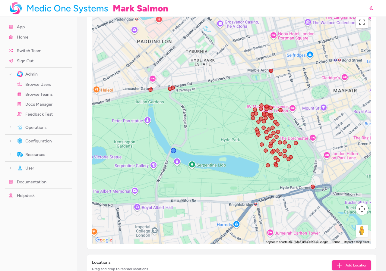 Screenshot: The Venue Map panel on the Manage Venue page showing a map centred on the venue, with a blue marker for the venue and red markers for each defined location.