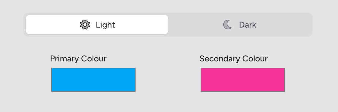 Screenshot: The Light/Dark segmented control above the colour pickers, with "Light" selected, and the Primary Colour and Secondary Colour pickers visible below
