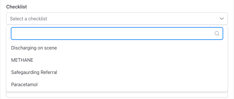 Screenshot: The Checklist dropdown showing the team's available checklists with a filter/search input