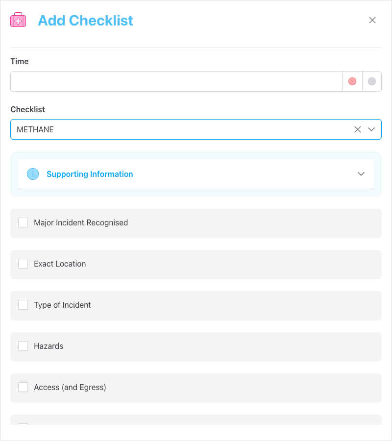 Screenshot: The checklist questions displayed as checkboxes, with the Supporting Information accordion above them